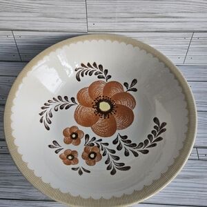 Floral Ceramic Bowl with Orange and Brown Design